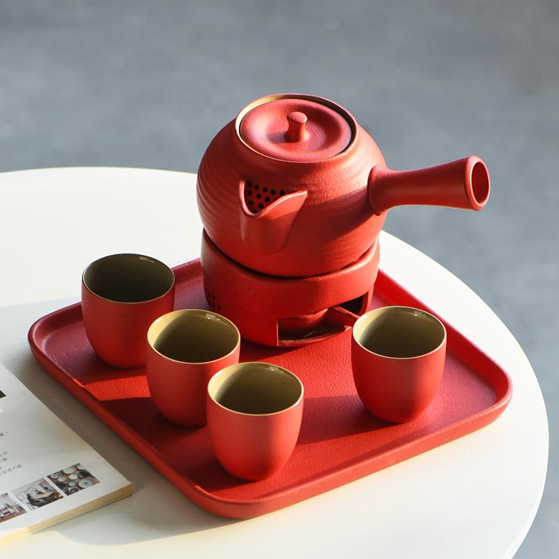 宫廷红粗陶侧把壶茶具套装加热炉子一壶四杯干泡盘创意陶瓷温茶器