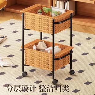编置物架零小推藤车客厅移架动索白收纳层架落食地书收纳筐化妆室