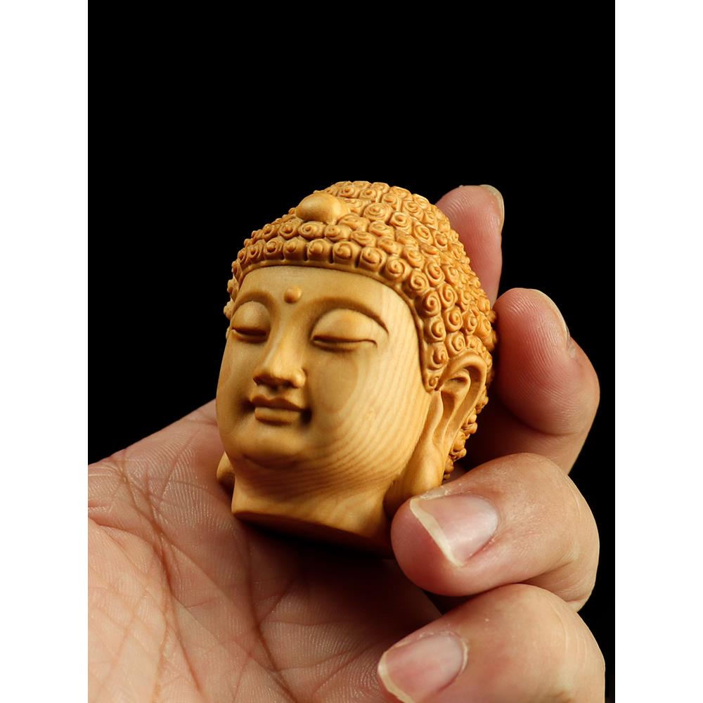 黄杨木雕刻如来释QHG迦牟车尼佛头柄文万木挂件工件艺藏品收玩