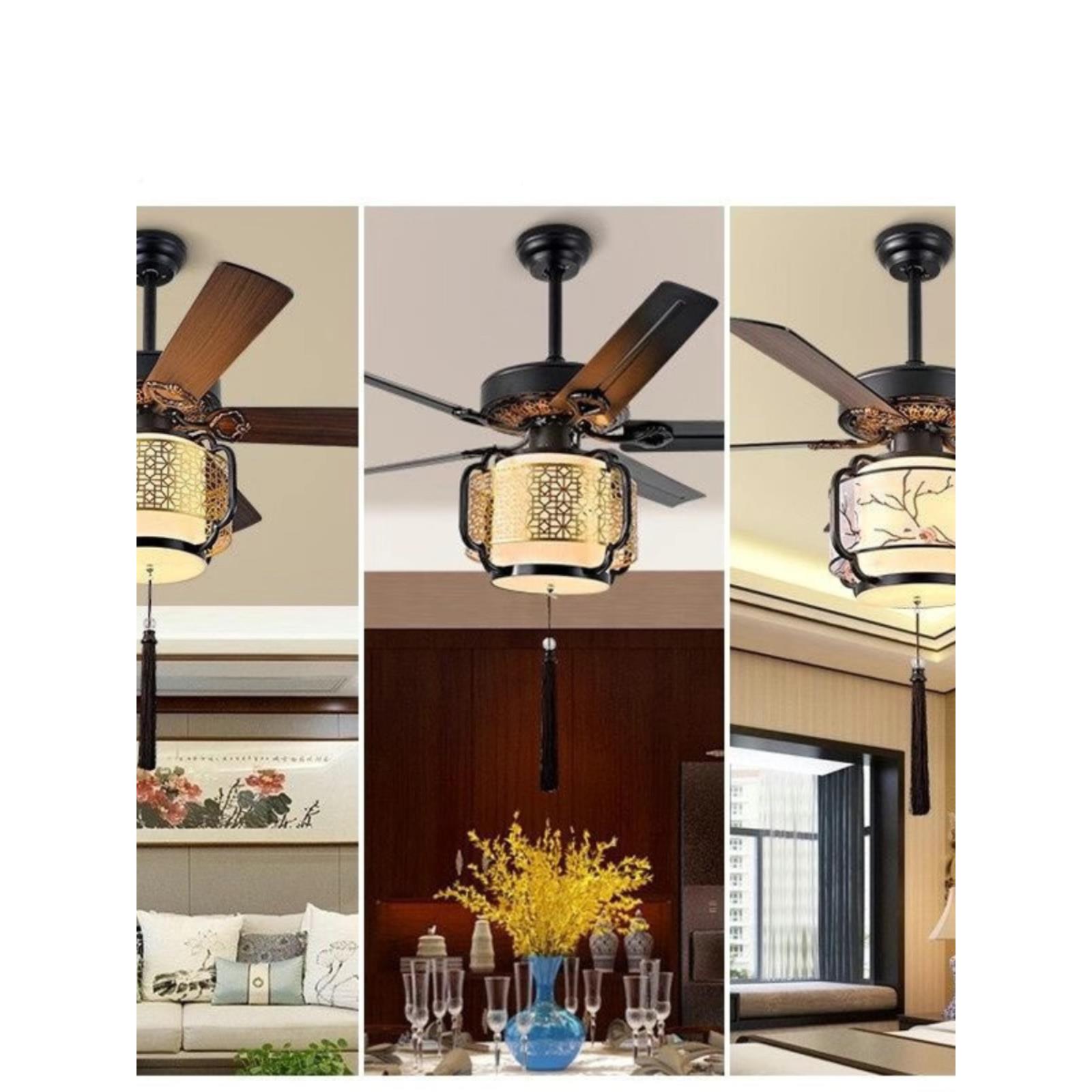 新中式厅室风扇灯复古客厅卧室歌赞仿古带灯吊扇茶灯餐智能变频电