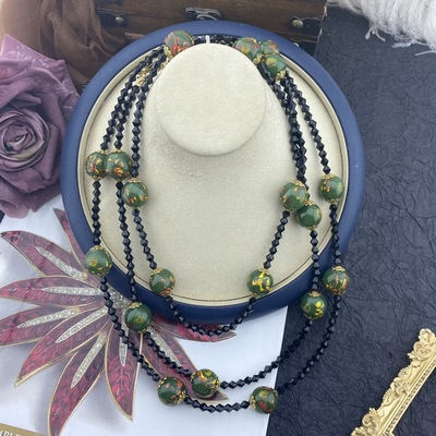 蜜南中古Vintage老料子绿凤眼琉璃搭小串珠金箔花瓣长款琉璃项链