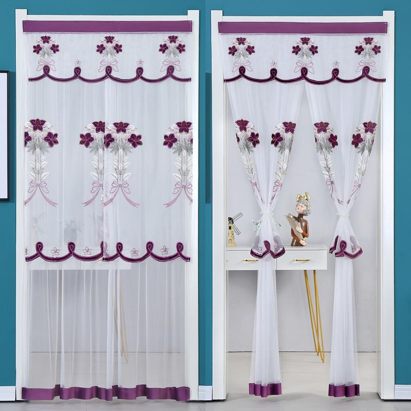 客送杆双层纱门饰帘隔断帘装帘卧打室厅防蚊蕾丝帘免孔半帘sx03魔