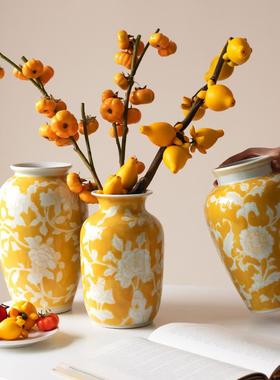 H4012古陶瓷花复瓶中式仿古水黄色手绘新青花瓷客厅插花培餐桌装