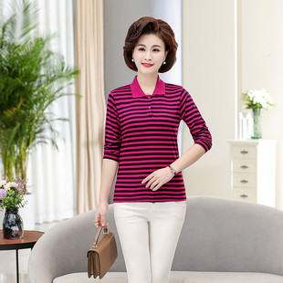 中老年加肥加大码全棉长袖T恤女妈妈装春夏有带领子纯棉汗衫上衣