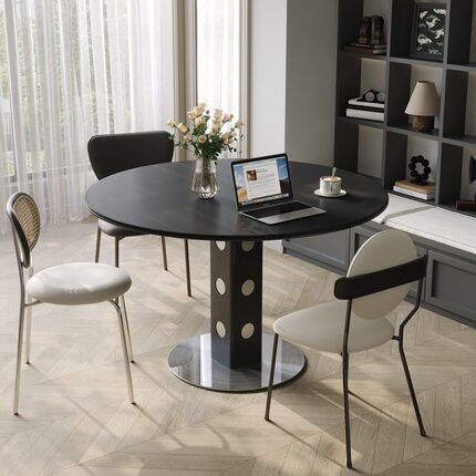 木小咖 中古圆桌复古金属腿圆形餐桌北欧包豪斯实木岩板饭桌