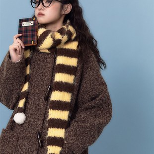 霓虹大荒野 棕栗色学院牛角扣大衣 中长款复古毛呢加棉外套