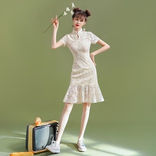 服装纸样883旗袍鱼尾连衣裙夏季短款小个子蕾丝少女气质裁剪样板