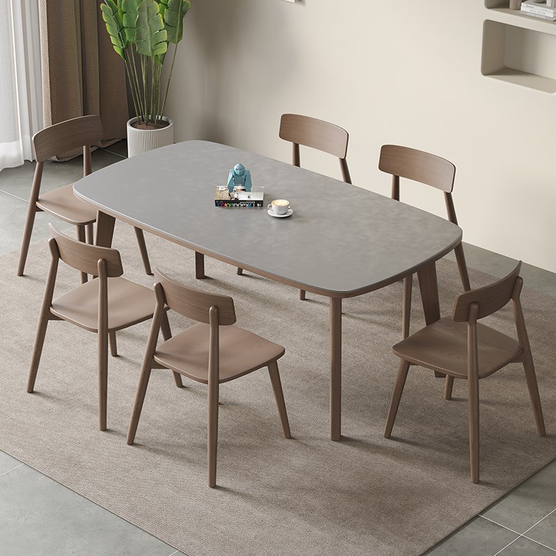 明匠轩家居北欧胡桃色岩板实木餐桌椅家用大小户型外八角吃饭桌子