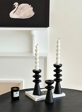 高级感黑色中古风烛台摆件木质蜡烛台座法式复古茶几桌面装饰摆件