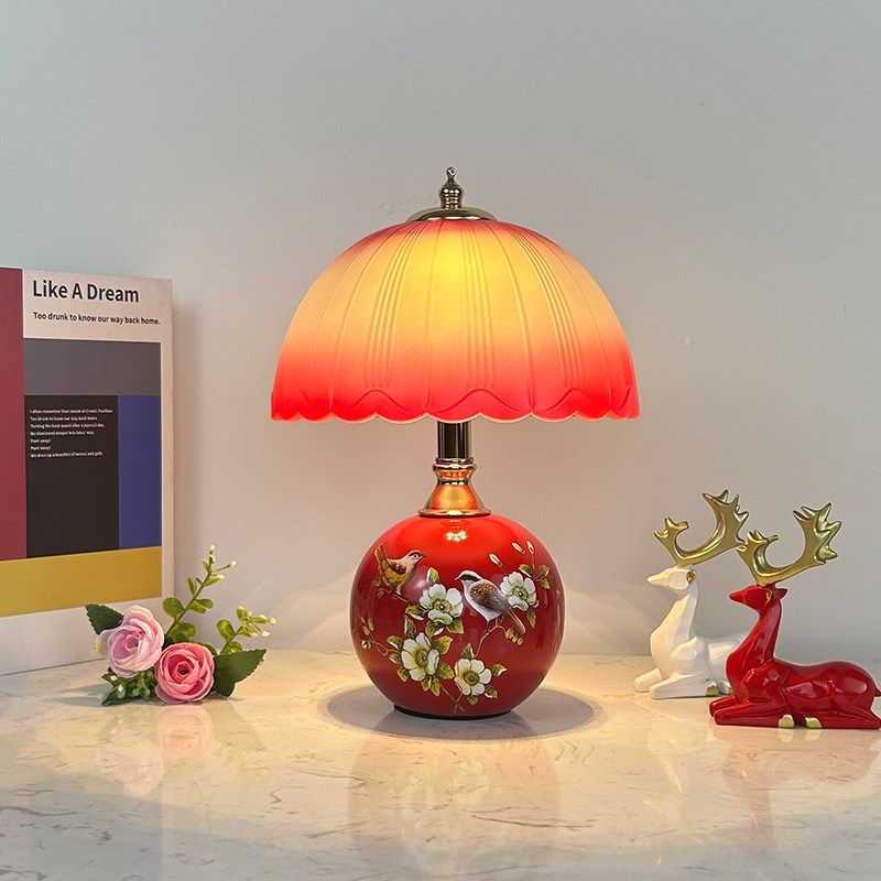 欧式花鸟圆球台灯卧室床头灯创意氛围小夜灯LED充电触摸调光节能