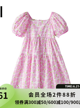 ei童装女童短袖连衣裙23夏季新款复古方领碎花拼接公主裙亲子装