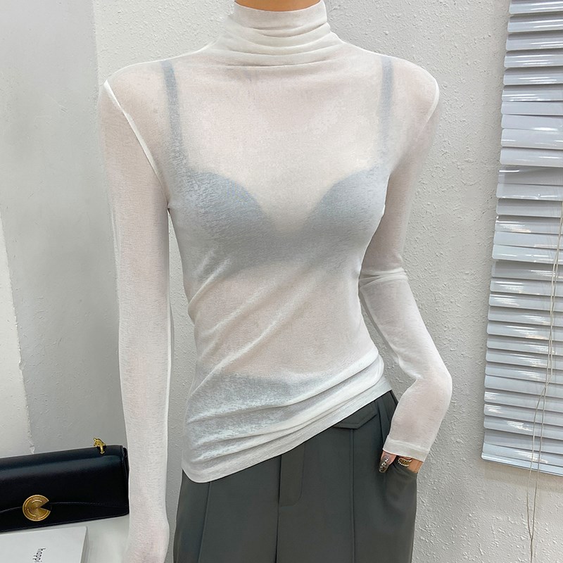 高领打底衫女2024新款秋冬紫色内搭高端网纱上衣高级感堆堆领洋气