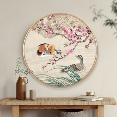 鸳鸯戏水装饰画卧室床头挂画圆形夫妻情侣恩爱荷花图寓意好壁画