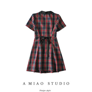 法式复古格纹修身连衣裙少女心西装领后背系带收腰显瘦连衣裙短裙