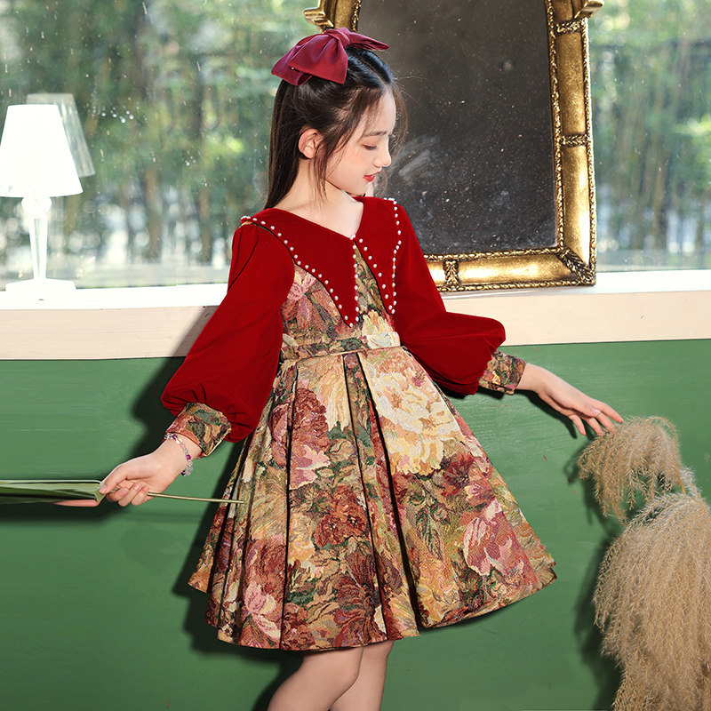 女童生日公主裙儿童高端礼服花童红色小女孩主持人钢琴演出服冬季