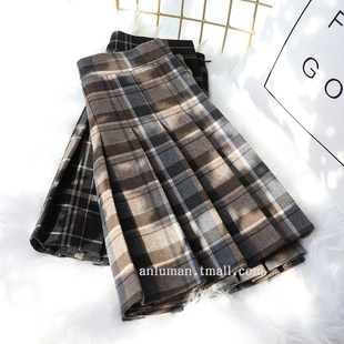 毛呢格子百褶裙蓝色半身裙女秋冬天配卫衣小个子高腰a字显瘦短裙