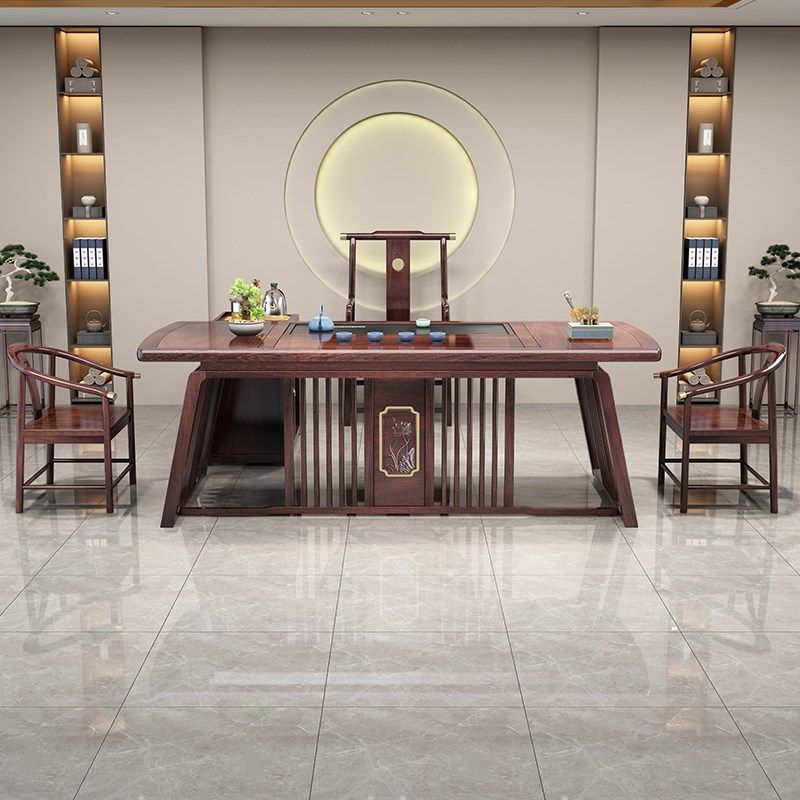 2米办公室茶桌椅组合高档新中式紫檀色实木功夫茶台一桌五椅原木