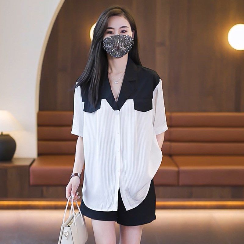 休闲时尚套装女士短袖T恤撞色衬衫短裤子宽松显瘦大码女装两件套,女装/女士精品,时尚套装,淘宝优惠券,粉丝福利购,淘宝优惠卷