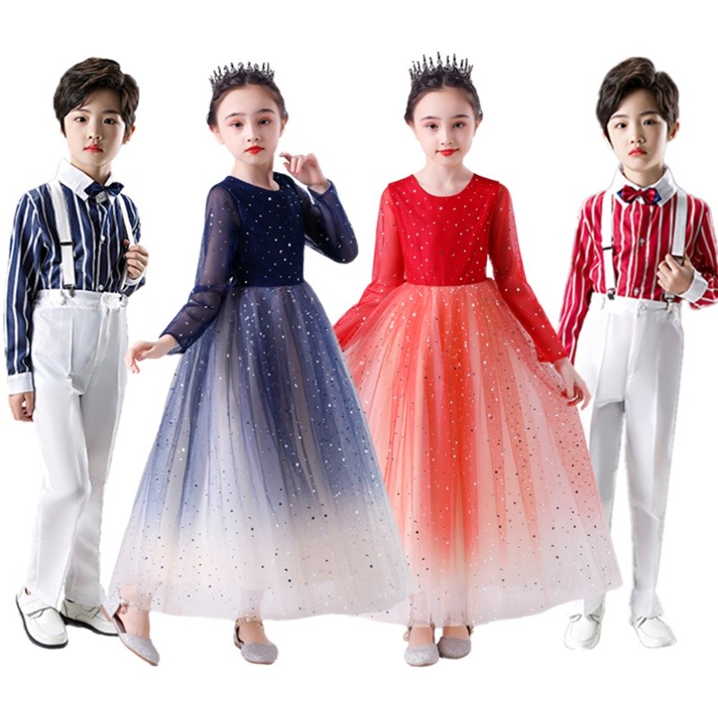 元旦儿童演出服合唱服女童公主裙长袖男童主持礼服小学生表演服装