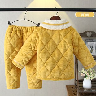 儿童棉睡衣冬加厚三层夹棉法兰绒套装可爱卡通珊瑚女童家居服冬季