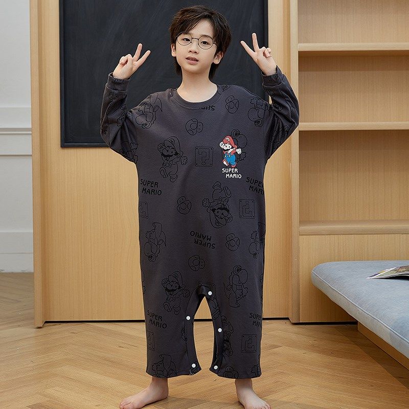 男童连体睡衣春秋季纯棉男孩中大童长袖薄款胖童小宝宝防踢家居服