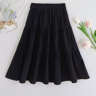 女童半身裙秋冬百褶洋气复古新款女孩卡其色中长款灯芯绒半身裙