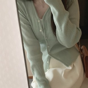 预习秋天 蜜瓜色柔软V领针织上衣 温柔奶油短款修身弹力毛衣开衫