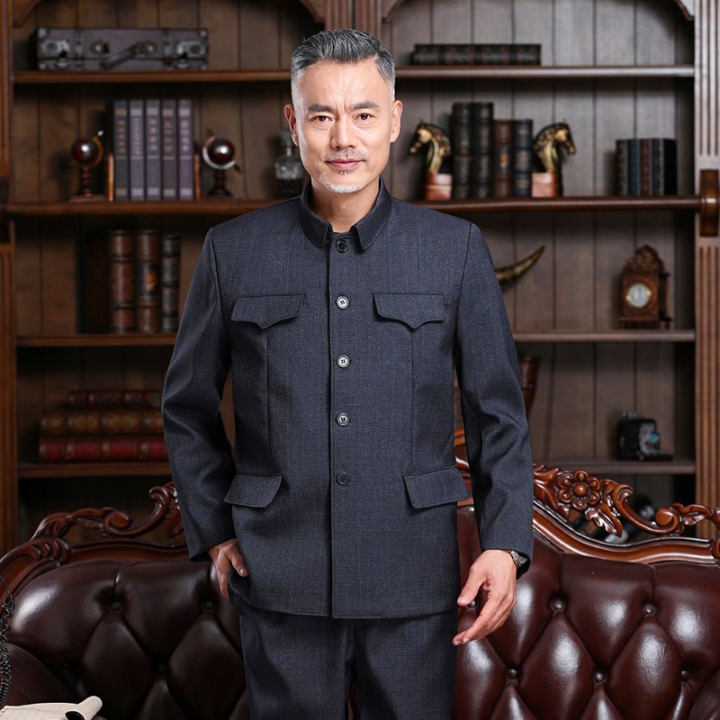 中山装套装秋冬款加绒加厚保暖防寒中山服老人棉衣服爷爷装父亲装