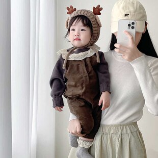 女童春秋季长袖花边针织毛衣套装婴儿灯芯绒背带裤子宝宝连体长裤