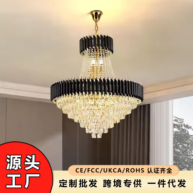 轻奢复式楼客厅水晶大吊灯别墅公寓中空楼中楼跃层楼梯长水晶吊灯