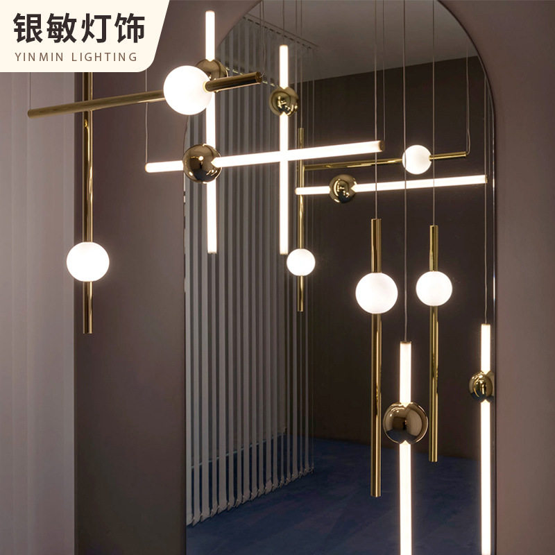 北欧极简线条组合轻奢发光棒后现代简约餐厅吧台复式楼梯长条吊灯