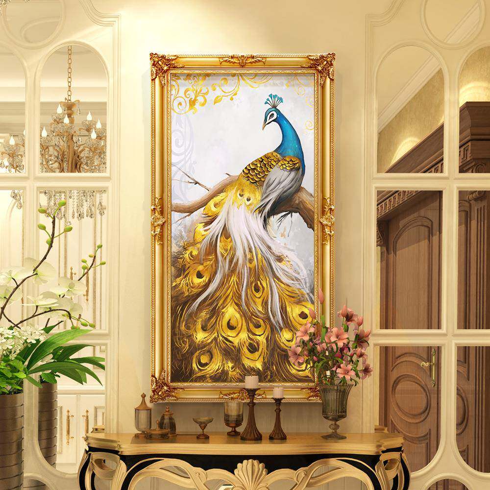 玄关装饰画走廊竖版画过道欧式壁画简欧挂画动物孔雀油画高档画