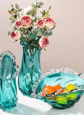 网红轻奢蓝色玻璃花瓶波浪花边水果盘居家客厅桌面样板间装饰摆件