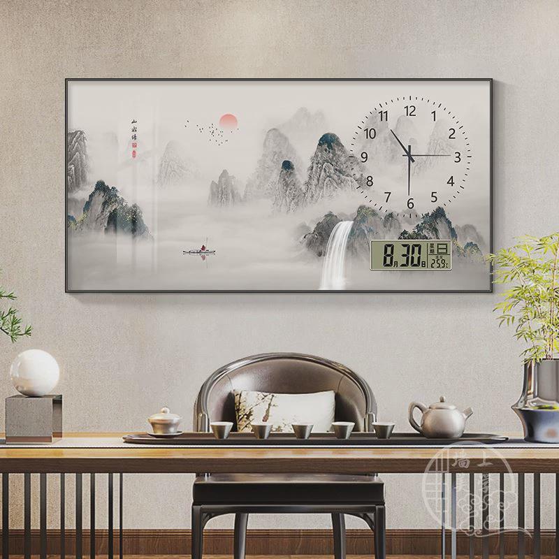 新中式万年历迎钟表画客松山水厅饰装画静音305电子时钟客餐厅挂