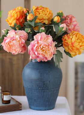 重瓣油中画花假花绢花仿干花F767S5MJ客厅摆设新式丹餐桌花摆牡件