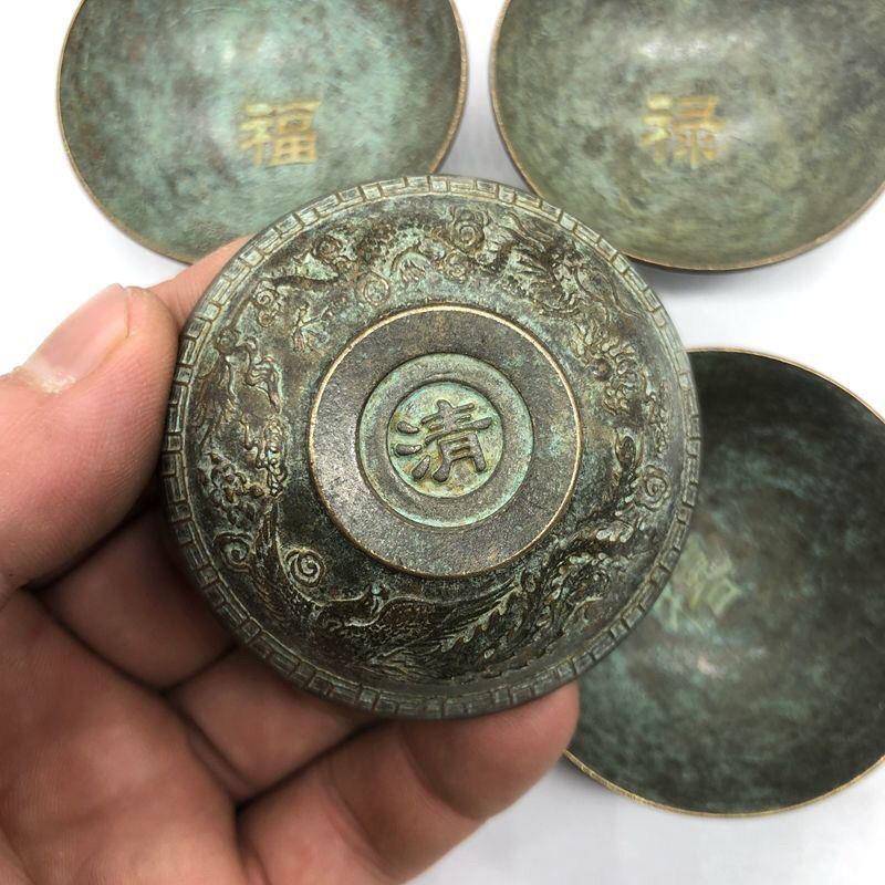 仿古古杂项SUN收藏复铜器小碗龙玩碟子福禄寿喜碗凤碗一套四古个