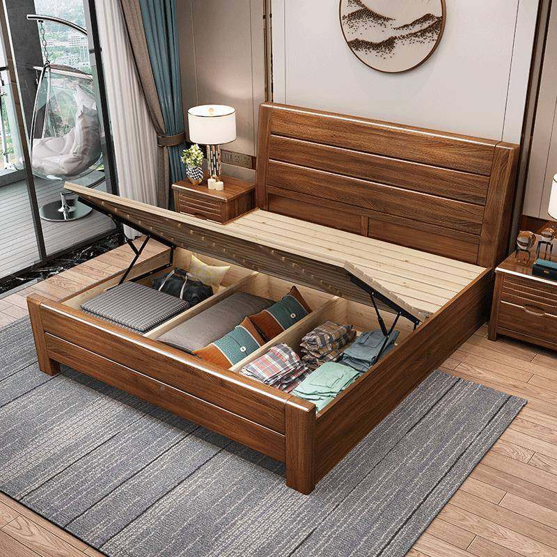 胡桃木实木床现代双人1.约OOW8米简中式婚床1.5米带高储箱物主床