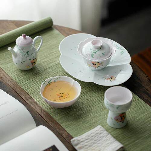 白瓷手绘金鱼陶瓷盖壶承家用茶壶碗底创SFT托意高颜值果点心盘盘