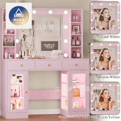 跨境直化网红妆桌L卧ED灯室玻璃台面梳妆RLF台播美妆桌公主风化妆