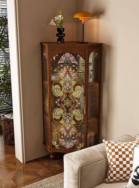 复物中古风实木角柜客厅靠墙角落置三展LUY示柜法式古玻璃储物收