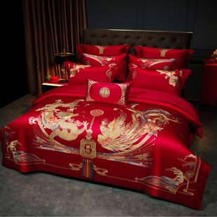 庆家纺红绒色婚龙凤刺绣四件套长刺绣DM1079床盖十件套棉结婚陪嫁