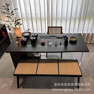 茶YXQ现代桌简蜡约实木茶桌椅小户型阳台泡茶家用几白木黑色大板
