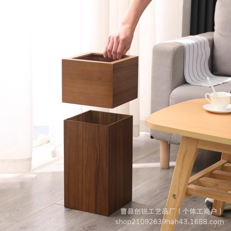 黑现货款胡桃木色垃圾实木纸篓家用客厅桶卧室收纳桶办新公垃圾收
