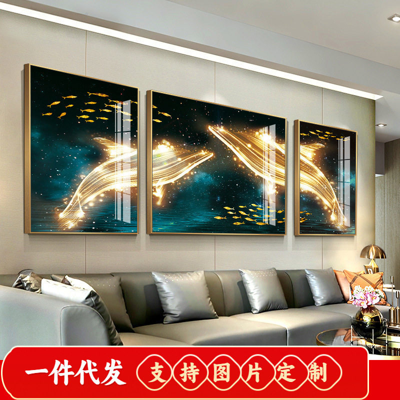 十字绣2019新款简约现代抽象海豚点钻三联画钻石画满钻石绣客厅5d