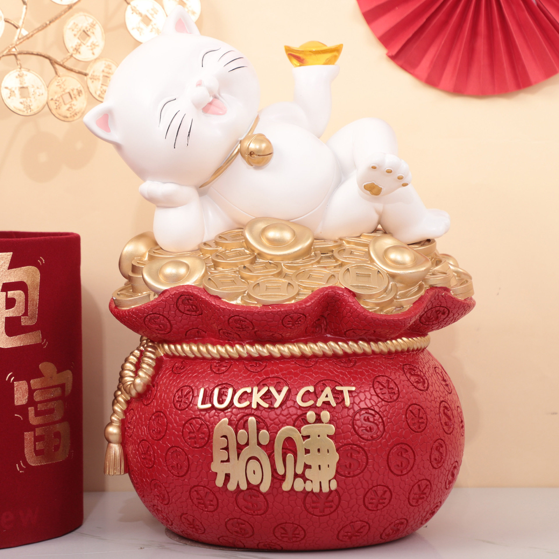 躺赚招财猫福袋元宝摆件店铺开业公司前台存钱罐装饰品摆件活动款