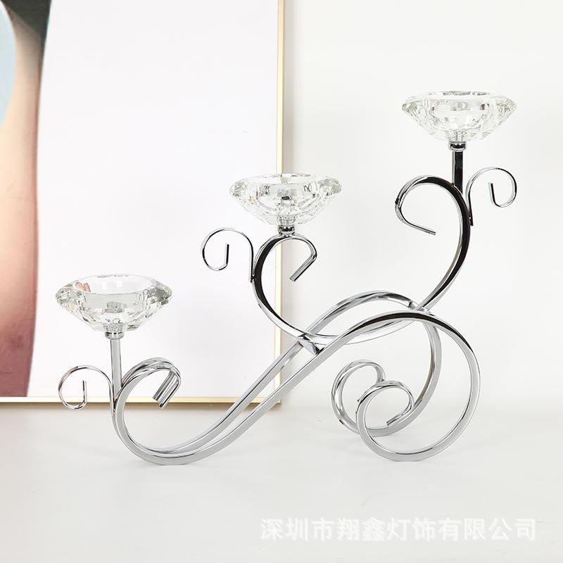 欧式创意三头水晶烛台烛光晚餐婚庆家居摆件电镀金色铁艺烛台摆件