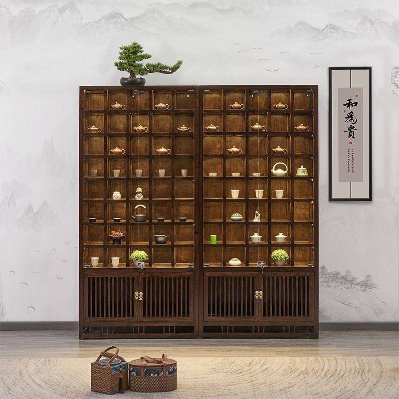 实木格子架紫砂壶玻璃展示架茶杯茶壶多宝阁新中式南榆木博古架子