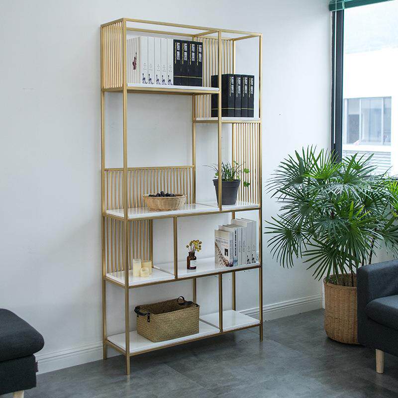 北欧书架金色置物架实木隔断架子落地多层客厅简约卧室装饰书柜