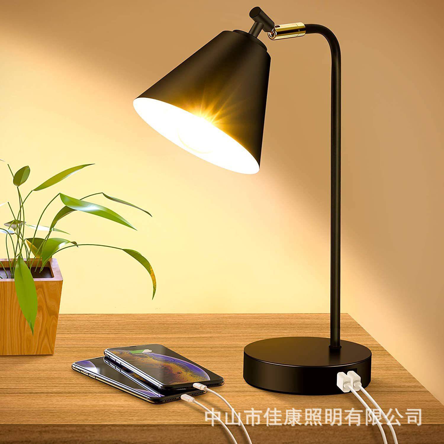 学习宿舍LED简约现代美式卧室床头灯触摸调光双USB充电台灯