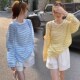 夏款 夏季 2024新款 上衣女阔腿短裤 两件套 宽松圆领条纹罩衫 孕妇套装